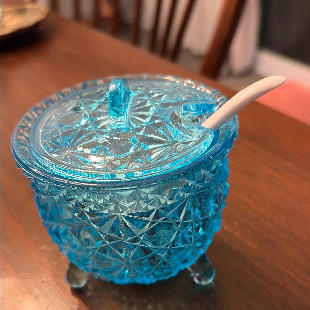 Blue Pressed Glass Covered Sugar Bowl/Marmalade dish with Spoon
